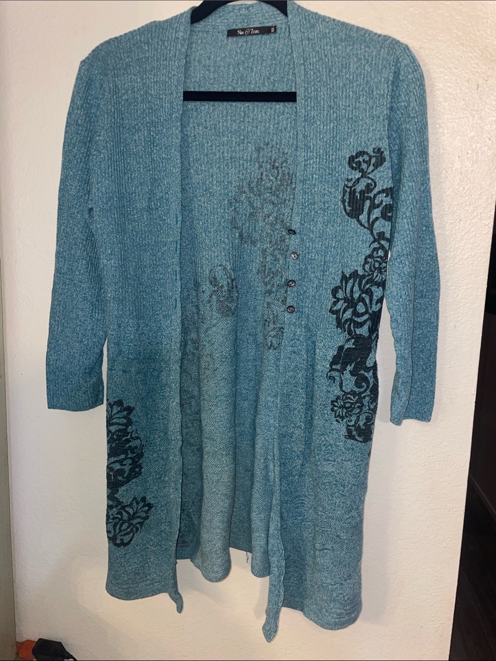 NIC+ZOE Teal Open-Front Cardigan with Black Floral Accent
